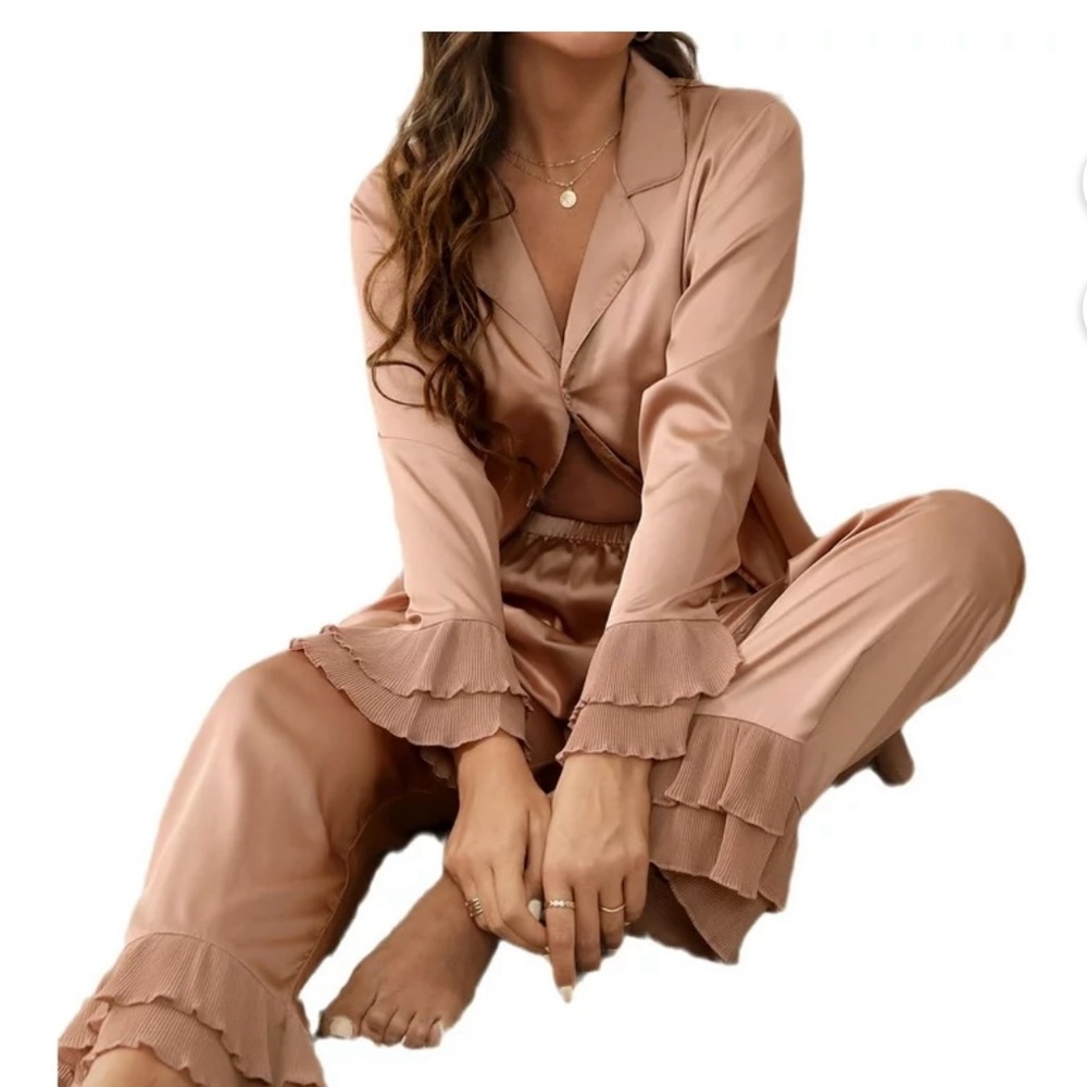 Women’s Pink Satin Button Up Ruffle Sleeve & Hem Pajama Pants Set, Size Small
